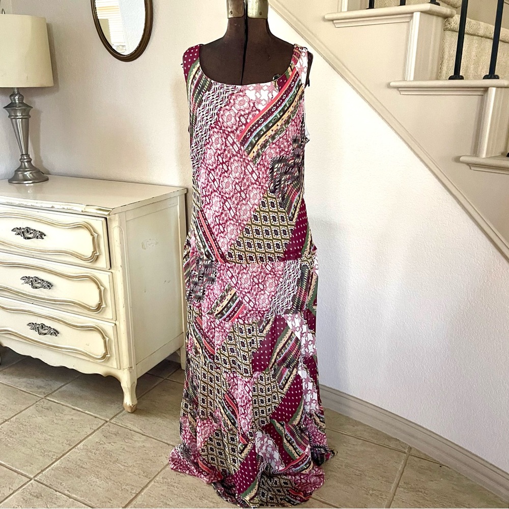 Jones Studio Pink and Red Geometric Maxi Dress